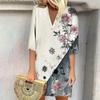 Summer Dresses For Women 2024  Fashion Casual Printed Loose V Neck 3/4 Sleeve Dress