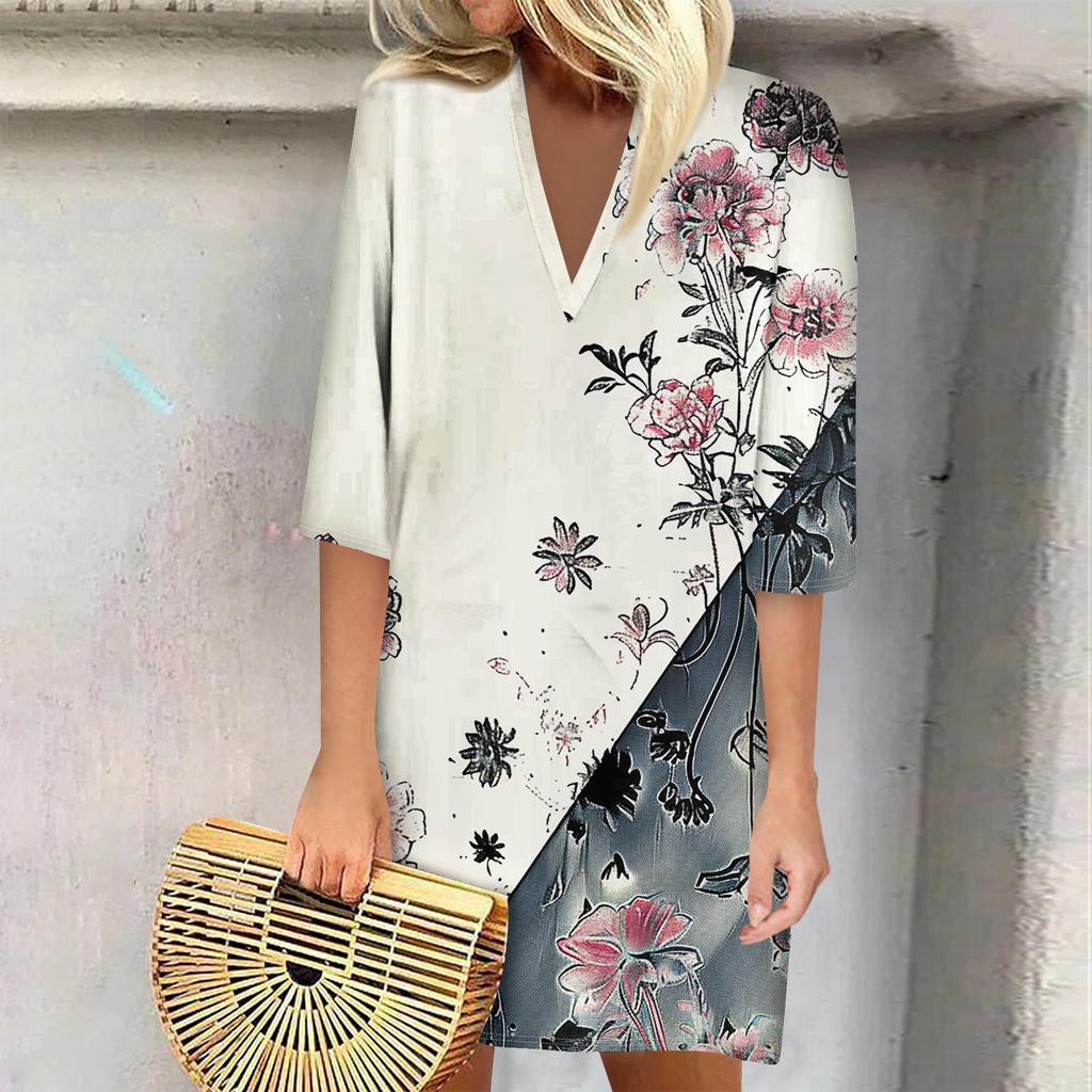 Summer Dresses For Women 2024 Fashion Casual Printed Loose V Neck 3/4 Sleeve Dress