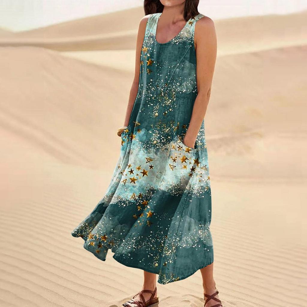 Женское летнее свободное свободное платье без рукавов с круглым вырезом и звездами в стиле пэчворк с цветным принтом и карманом