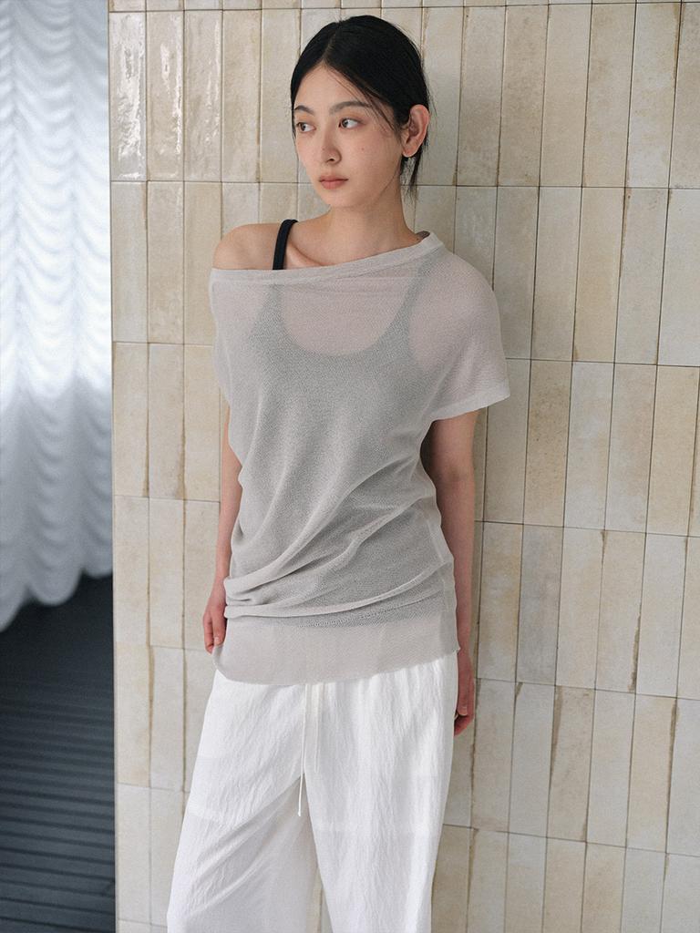 HUNCH Asymmetric Sheer Knit Top (2Colors)