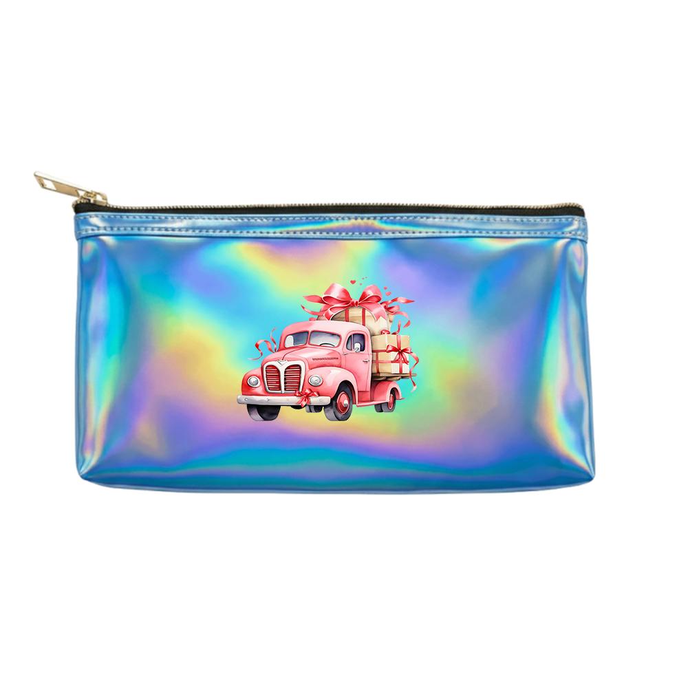 Vintage Pink Truck with Gift Box Pattern Laser Cosmetic Makeup BagTravel Toiletry Organizer Pouch for Girls Women Birthday Gift