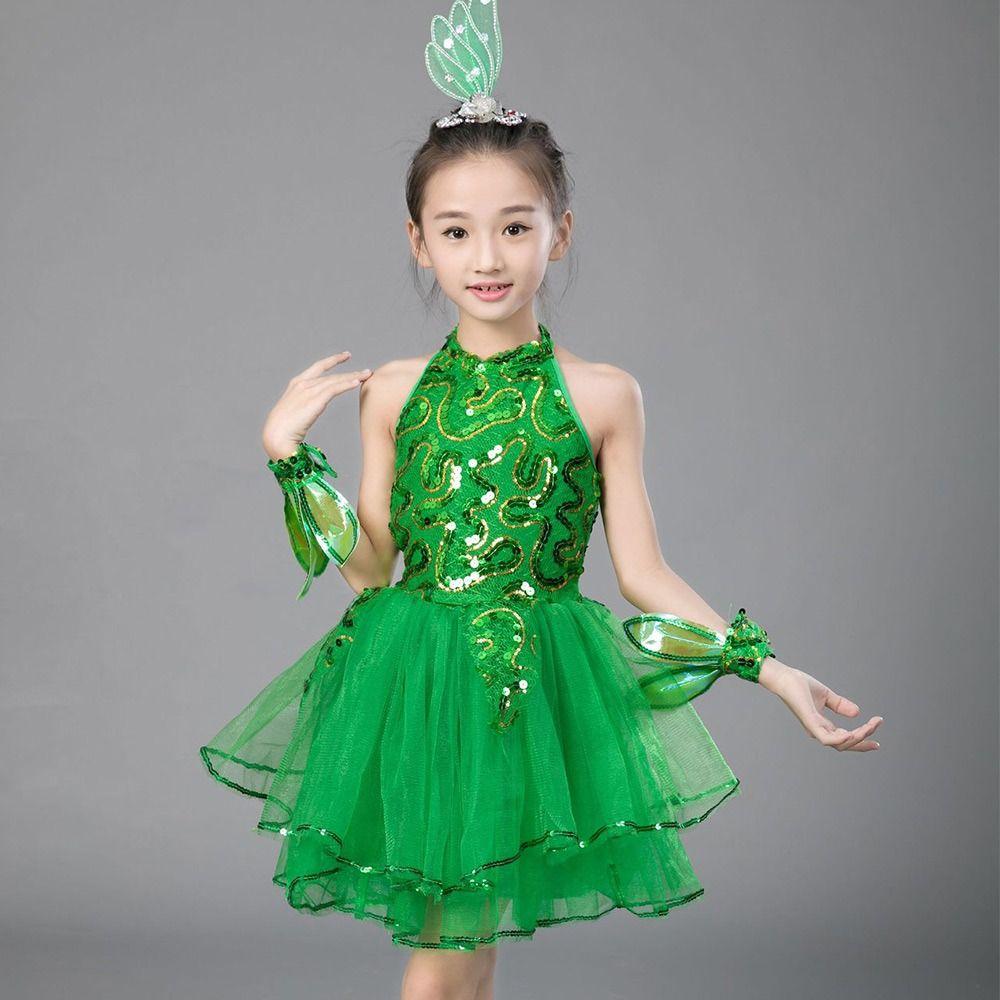 Green Sequin Children Ballet Dance Dress with Headwear Wristband Puffy Dress Kids Girls