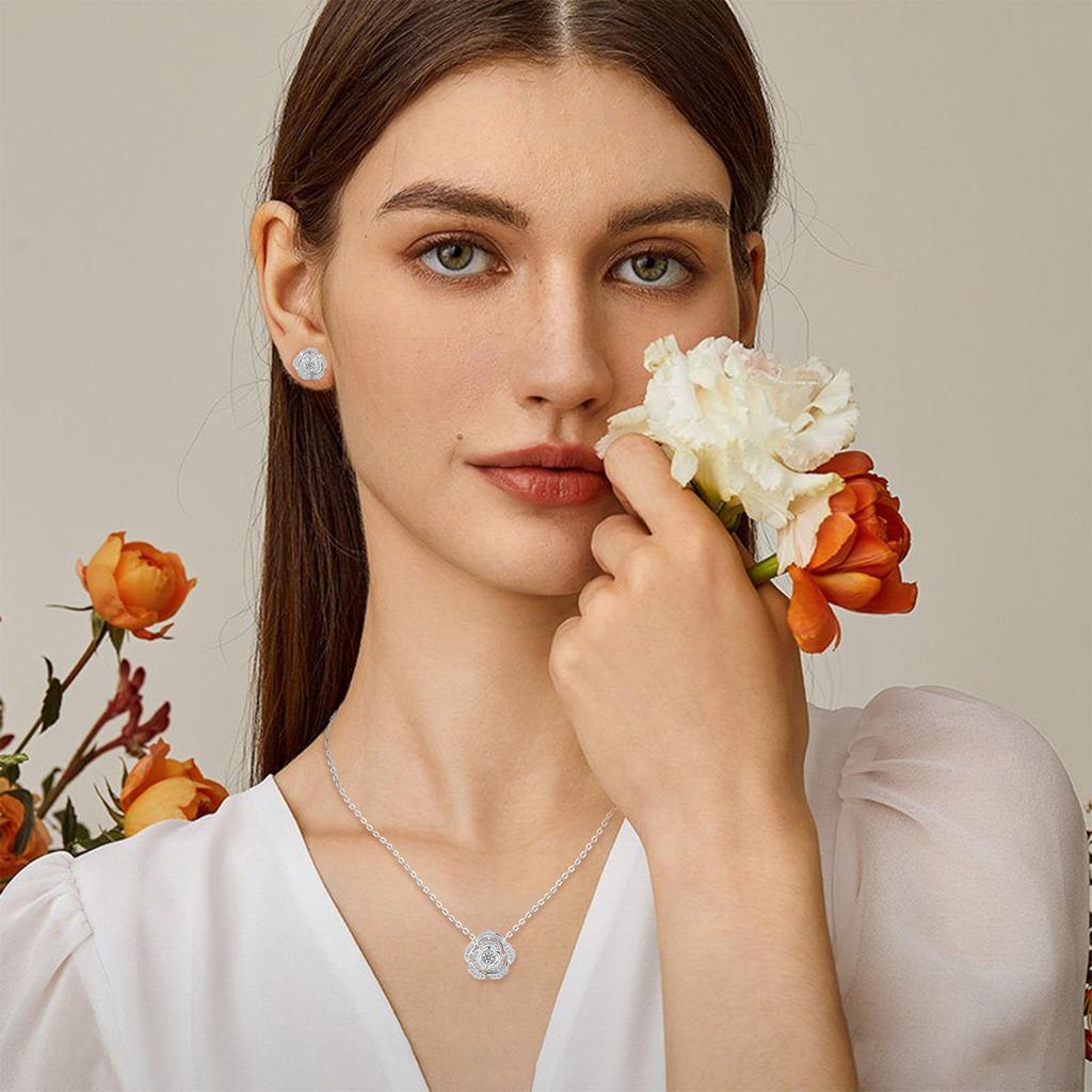 Rose Flower Jewelry Set Moissanite Necklace 925 Sterling Silver Earrings in Silver in Multi Stone