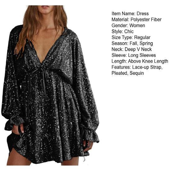 Платье для вечеринки Lady Club с глубоким V-образным вырезом, с мерцающими пайетками, свободного кроя, однотонное