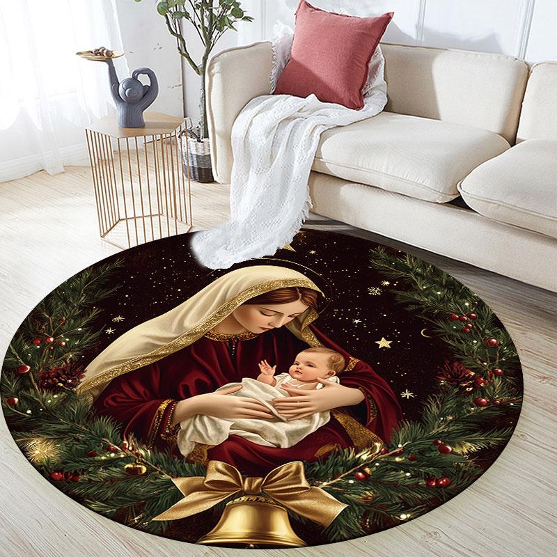 Virgin Mary & Jesus pattern round rug,Carpet Rug for Living Room Bedroom Playroom ,Non-slip Floor Mat,Holiday Gifts and Birthday Gifts.
