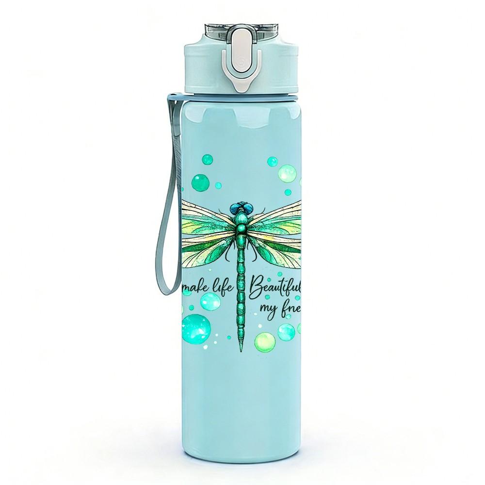 1PC Teal Dragonfly Floral Line Art Print 750ml Color Plastic Sports Water Bottle Leakproof Flip Straw Lid Suitable for Sports Office Home Use