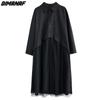 Dimanaf New Autumn Style Women Shirt Dress Black Patchwork Mesh Fashion Loose Dress 2022 Long Cardigan