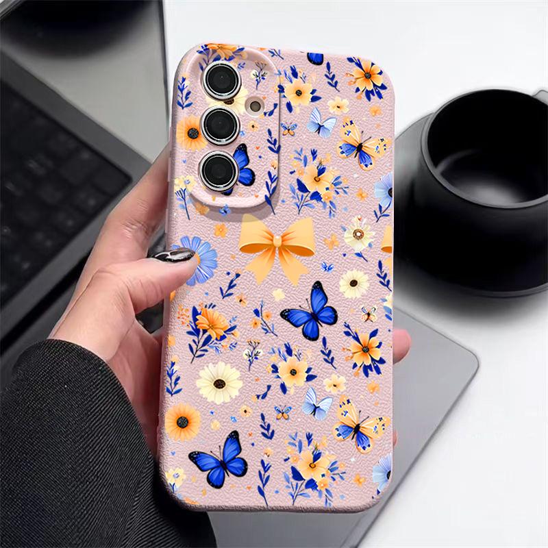 Синий Бабочка Цветочный Чехол Для Samsung S26 S25 S24 Ultra S23 S22 S21 FE A15 A16 A17 A26 A35 A36 A37 A54 A55 A56 A57 5G Кожаная Текстура Силиконовая Крышка