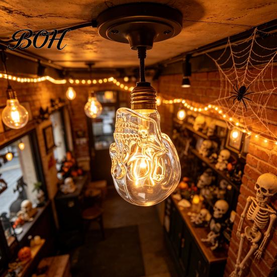 Spooky Haunted House Accessories Glass Skull Light Bulb, Halloween E27 Personalized Niche Gifts for Men Threaded Retro Decorative Bulb Gothic