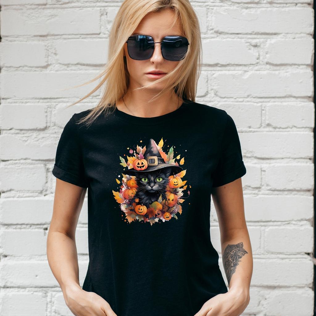 BLACK CAT HALLOWEEN T-SHIRT, Fall Autumn PUMPKIN WITCH PAGAN, Unisex/Lady Fit