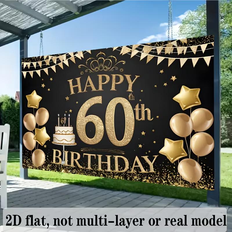 2D 60th Birthday Backdrop Black Gold Glitter - Party Decoration Photo Booth Background