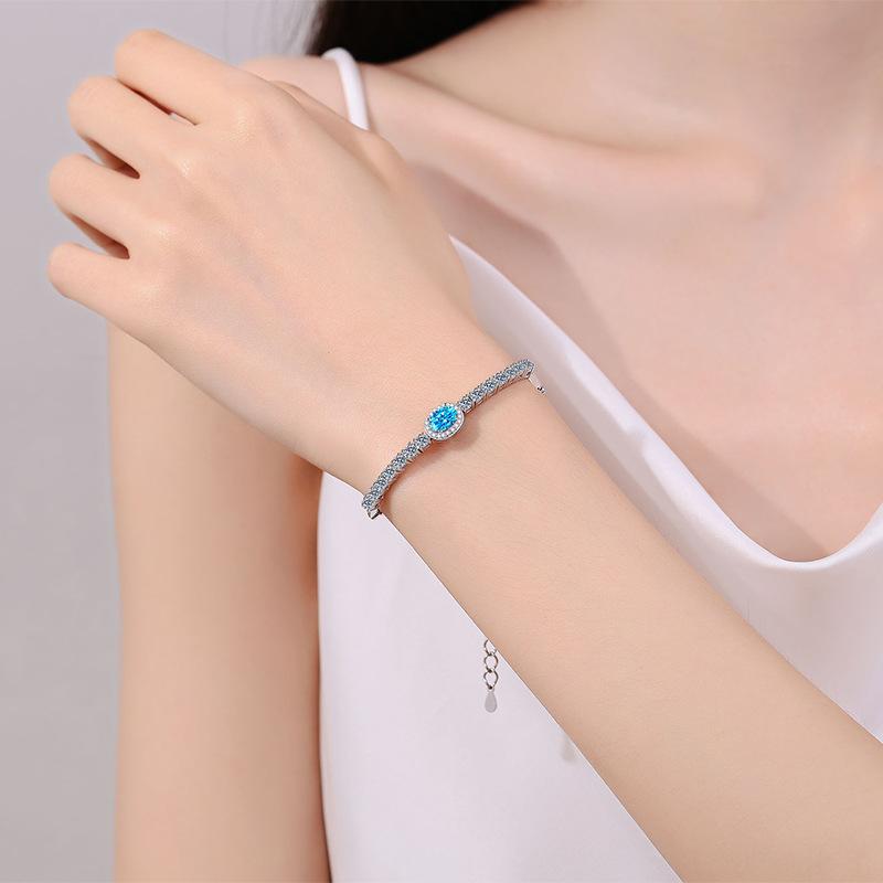 S925 Sterling Silver Hand-inlaid Moissanite Bracelet for Women Sapphire Blue Oval Edge Row Diamond Chain Niche Design Simple