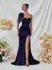 European and American new elegant and sexy one-shoulder split party dress, sequined bow socialite party evening dress
