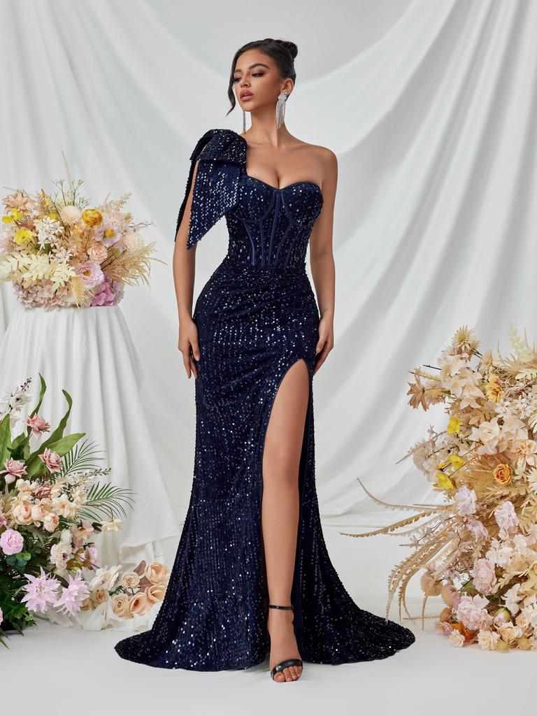 European and American new elegant and sexy one-shoulder split party dress, sequined bow socialite party evening dress