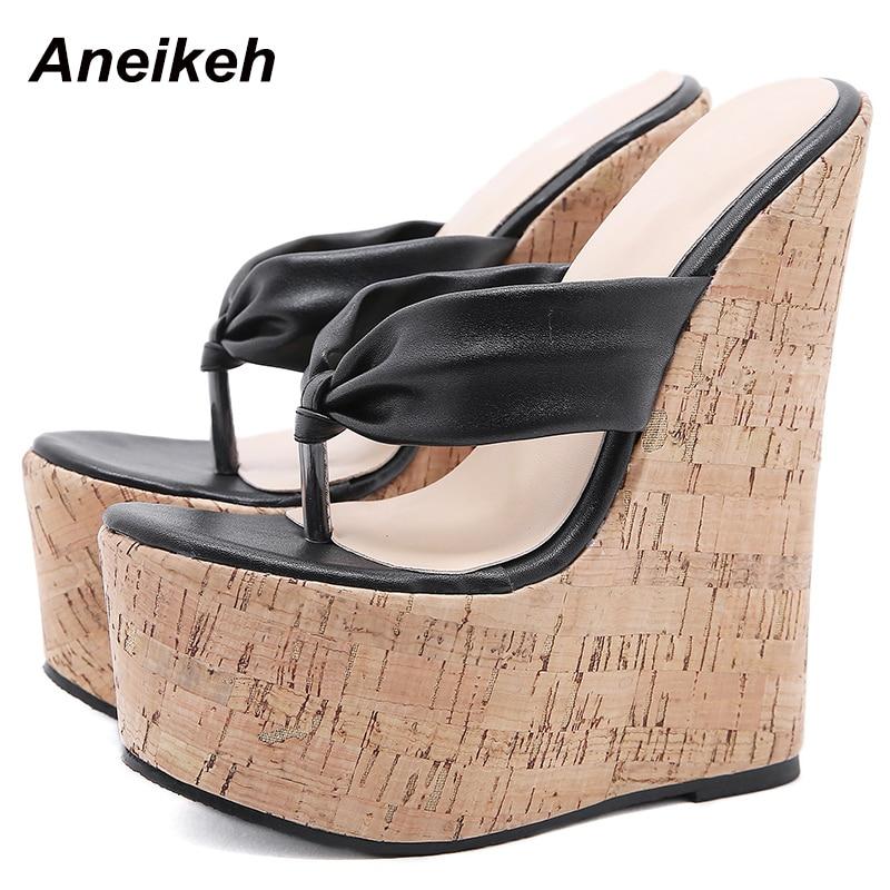 Aneikeh Summer Flip-flops Wedges Women's Shoes Fashion Classics PU Platform Head Peep Toe Thin High Heels Slippers Size 35-42
