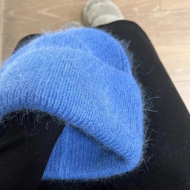 2024 Ангорская вязаная зимняя шапка для женщин из меха кролика, пушистые вязаные шапки, корейская роскошная шапка для женщин, мягкие теплые шапки Skullies