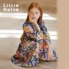 Little Naive Girls' Bubble Long Sleeve Ruffle Trim Floral Dress