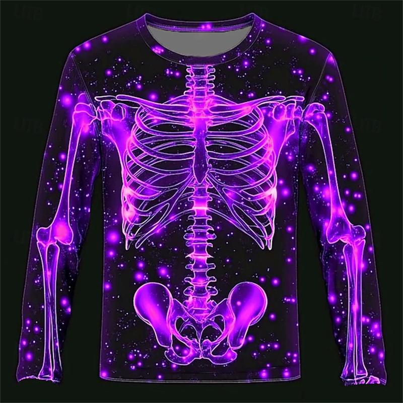 2025 Fall Winter New Halloween Skeleton Prints Long Sleeve T-Shirts For Men Gothic Trendy Streetwear Unisex Casual Party Tops