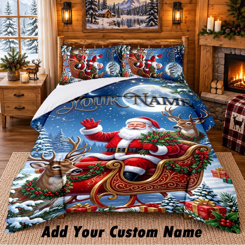 Christmas Custom Name Pattern Bedding 3Pcs Set Bed Sheet Pillowcases Indoor Bedroom Holiday Gift