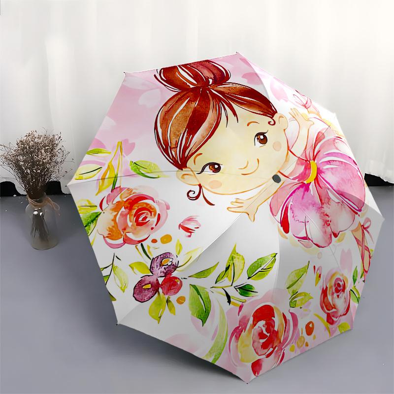Ballerina, Flowers Automatic folding umbrella simple eight rib design, bright color pattern, durable iron frame, ideal for travel and outdo