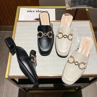 Летние туфли Muller на низком каблуке с квадратным носком для женщин, модные тапочки с металлическим дизайном и плоским каблуком для девочек