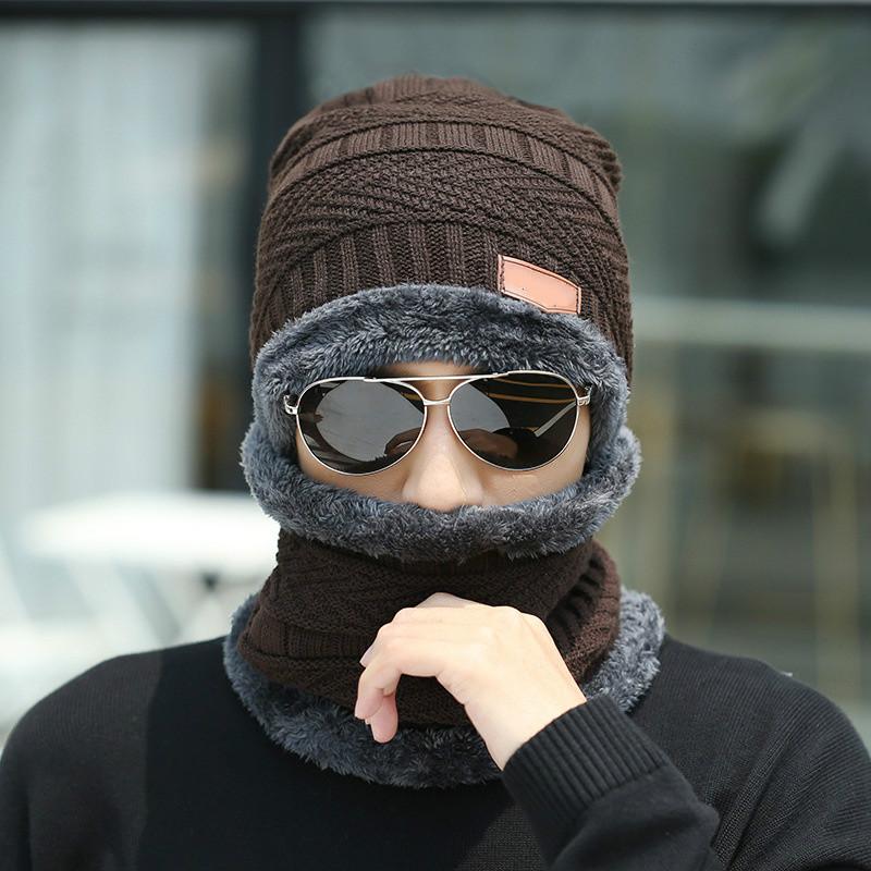 Windproof Winter Wool Hat with Hooded Scarf, Earflap Knit Cap, and Warm Masks for Men and Women