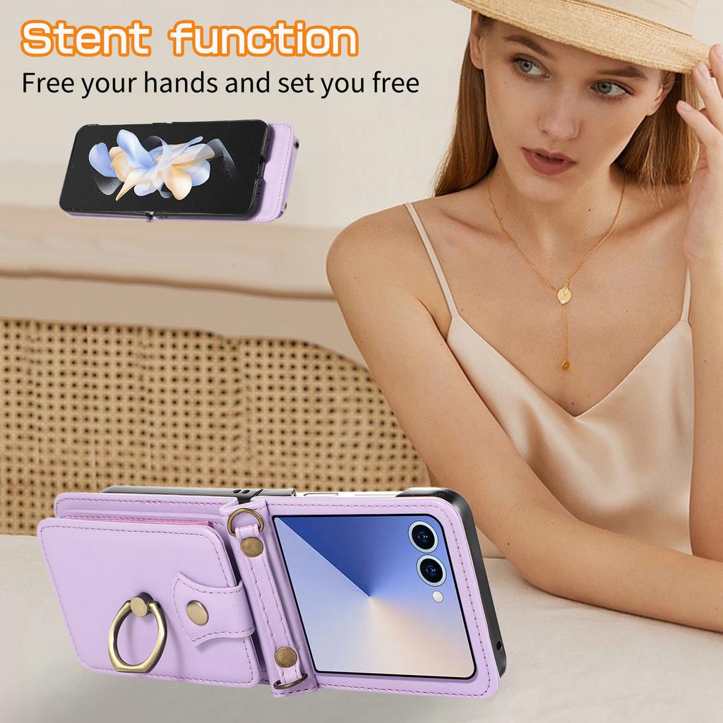 Ring Card Holder Leather Wallet Phone Case for Samsung Galaxy Z Flip 7 6 5 4 3 Flip7 FE Finger Crossbody Protective Cover