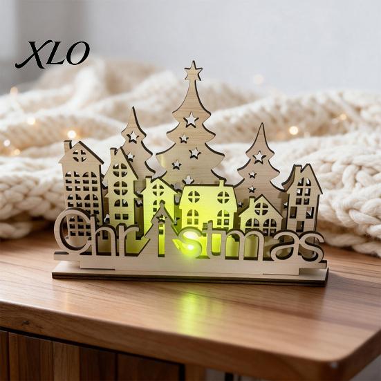 Decorative Lighted Wood Craft Christmas Table Wooden Sign, Vintage Tree Village House Tabletop Gift for Centerpiece, Winter Indoor Desktop Ornament