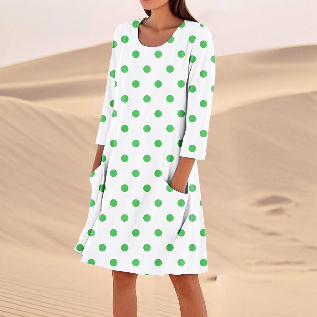 Женское однотонное модное свободное повседневное платье с рукавом три четверти Женское модное свободное повседневное платье с принтом в горошек и рукавом три четверти