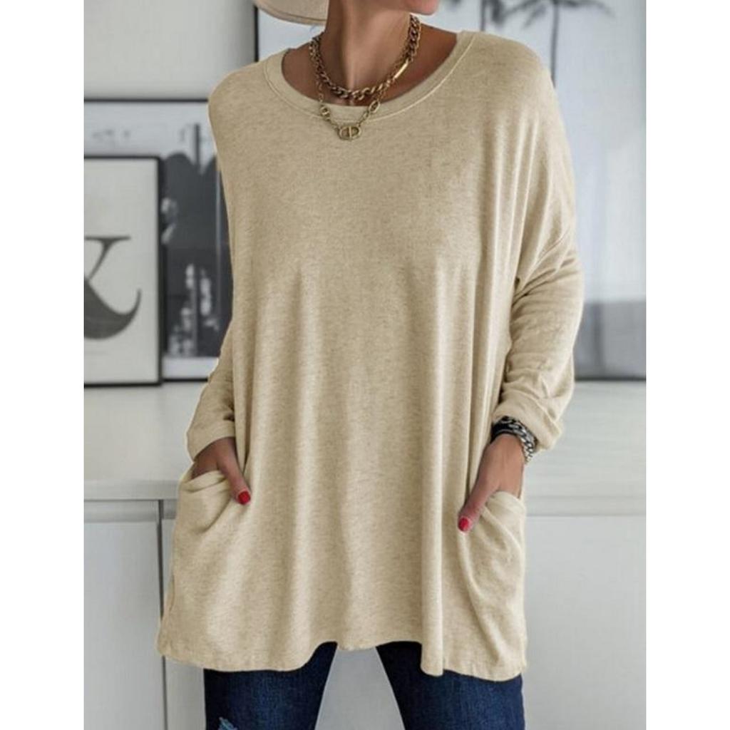 Женская повседневная весенне-летняя туника с карманами, топ с круглым вырезом, рубашка с длинными рукавами, модная свободная однотонная футболка большого размера