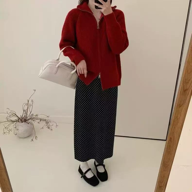Korean version stand-up collar double zipper knitted cardigan women's 2025 autumn and winter thickened loose sweater jacket lazy style high sense