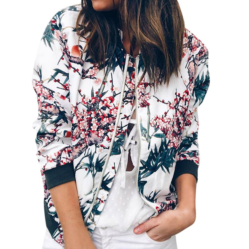 Womens Ladies Retro Floral Zipper Up Jacket Casual Coat Outwear