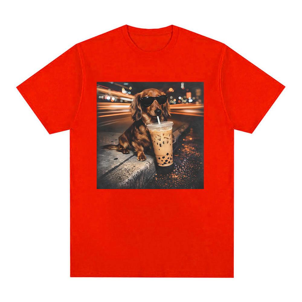 Funny Dachshund Drinking Iced Coffee Meme T-shirt Unisex's Cool Fashion Retro Short Sleeve T-shirts 100% Cotton T Shirt Streetwear