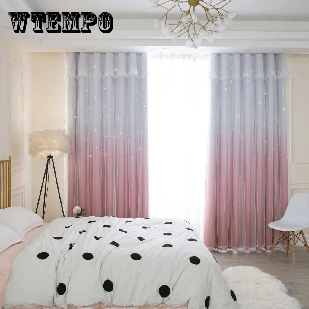 2 шт., простая градиентная цветная занавеска со звездами, занавеска принцессы Ins с высоким затемнением, для спальни, гостиной, двойная тканевая марлевая занавеска