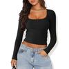 European and American Early Spring Fashion Sexy U-neck Solid Color Exposed Navel Ribbed Top