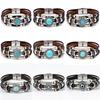 Vintage Ethnic Turquoise Cat Eye Leather Bracelet for Men Adjustable Multi-Strand Stainless Steel Boho Handmade Jewelry for Women