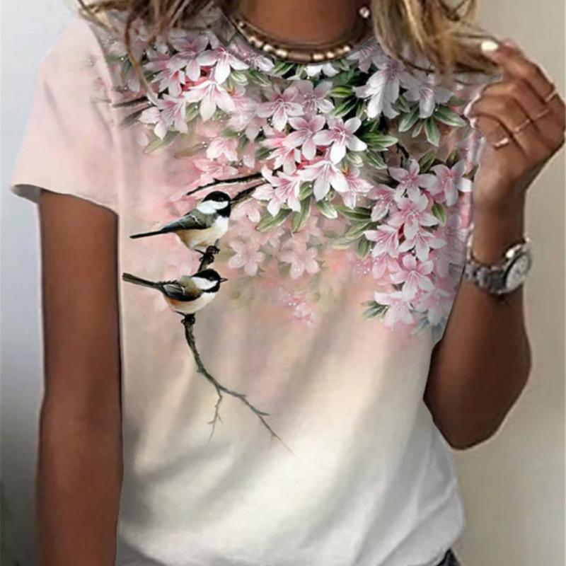 2023 New Women's Summer Short Sleeve T-shirt 3D Floral Print Round Neck Loose Casual Style T-shirt