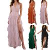 Women's Fashion Solid Color Sexy V-neck Strap Irregular Mesh Banquet Evening Split Dress Long Dress