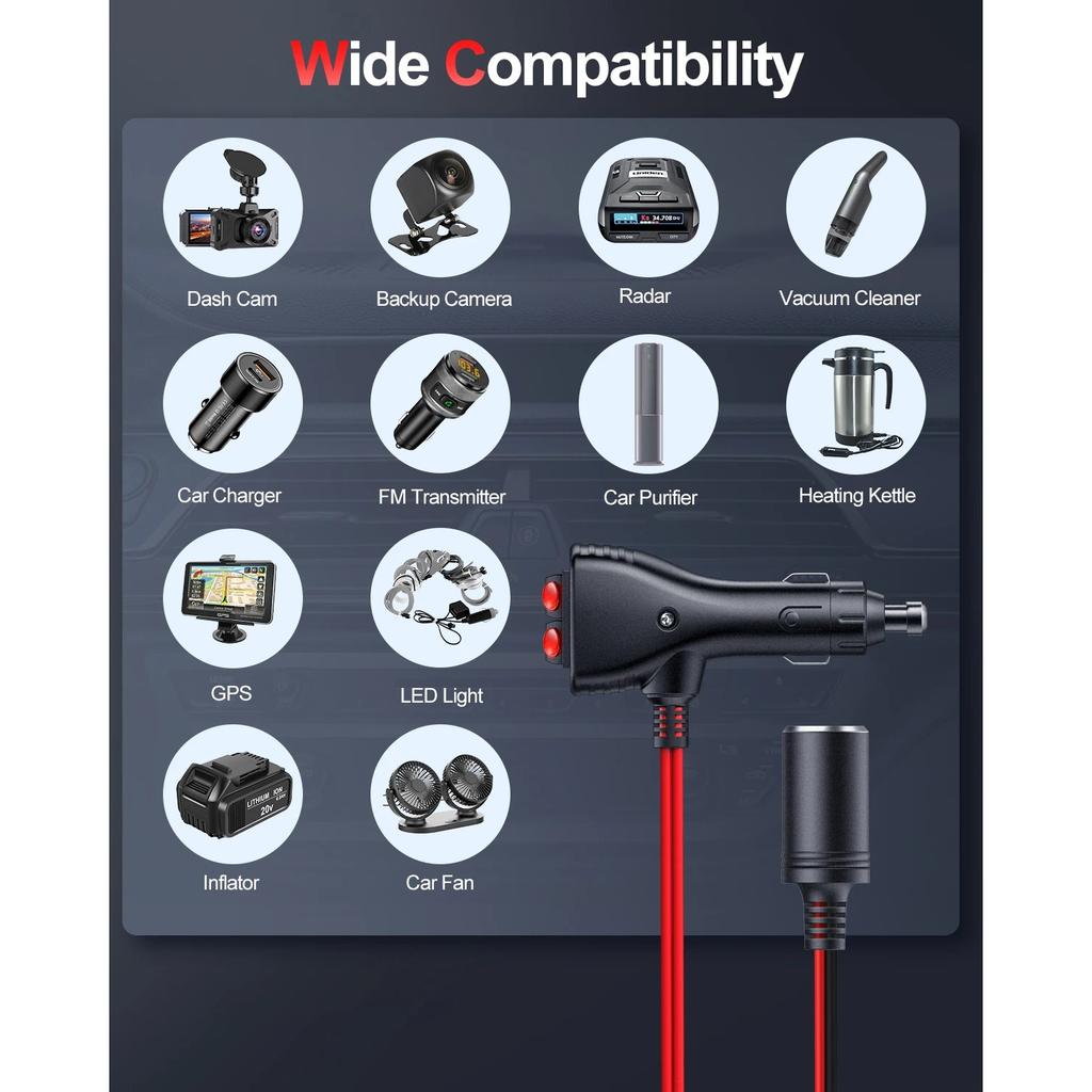 1 на 2 автомобильных разветвителя розетки, порт зарядного устройства 16AWG 12/24 В, 2-канальный разветвитель с предохранителем 10 А