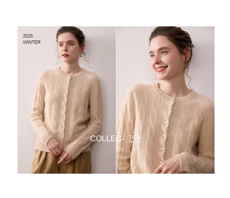 Women's Cashmere Cable Knit Cardigan: Soft, Thick, Round Neck, Single-Breasted, Solid Color - Perfect for Autumn and Winter.