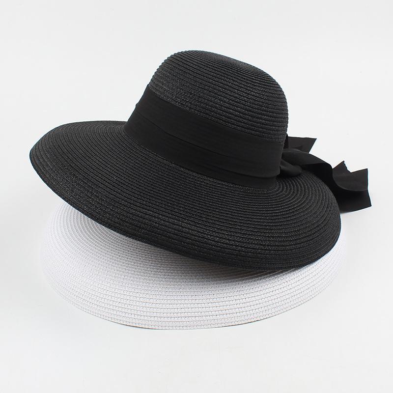Straw hat women's summer retro fashion bow sunscreen visor seaside vacation foldable big eaves hat
