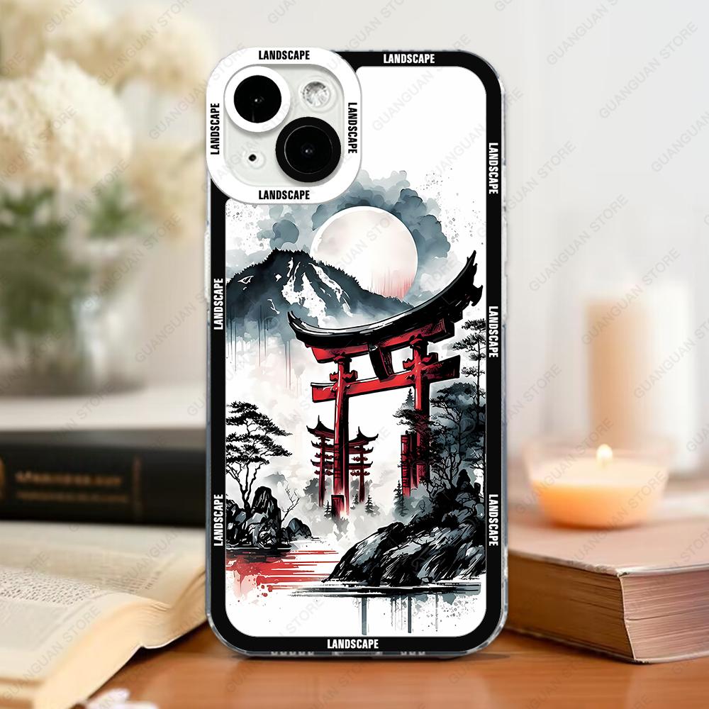 Чехол для телефона с пейзажем в стиле «тушь и вода» для iPhone 16 15 14 13 12 11 Pro Max XS X XR 7 8 SE Ударопрочная задняя крышка