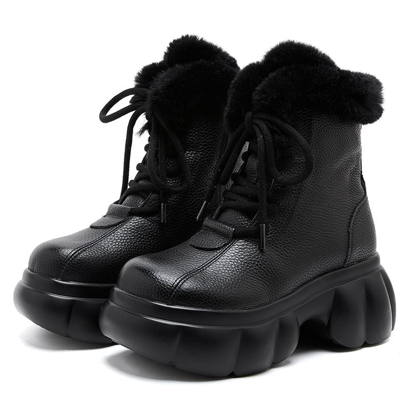 GKTINOO Genuine Leather Short Boots for Women Winter Wedges Warm Snow Boots Platform Shoes Thick Sole Rabbit Fur Woman Boots