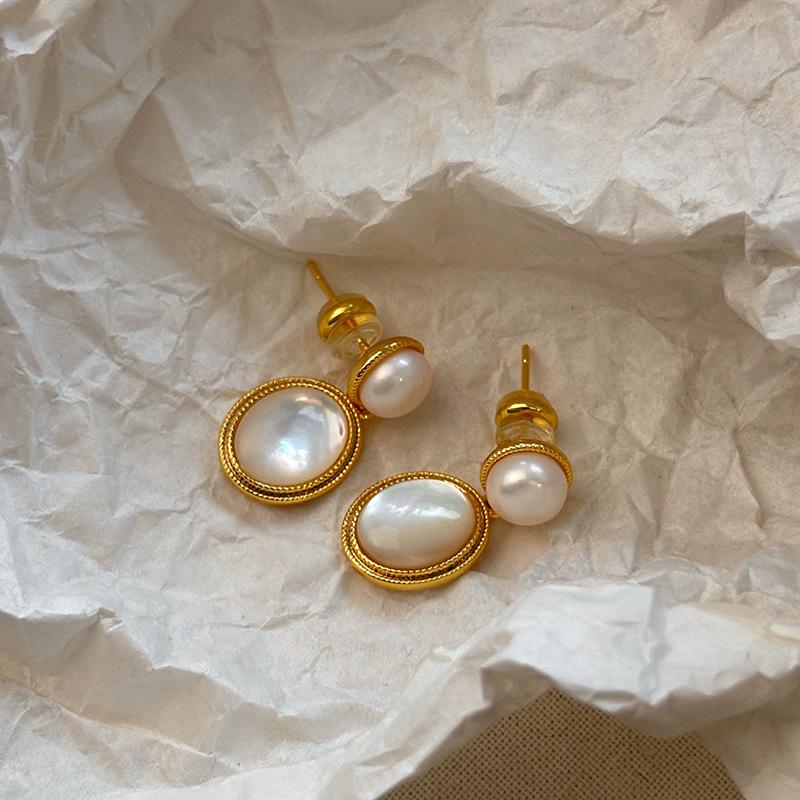 S sterling silver needle Maillard pearl earrings women's retro relaxed temperament natural tiger's eye stone earrings