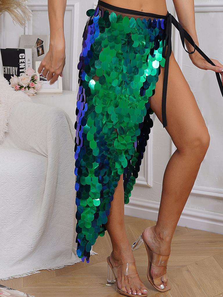 Женская длинная юбка на бедрах для танца живота на Хэллоуин с блестящими пайетками на шнуровке Русалка набедренный шарф с запахом праздничные танцевальные костюмы