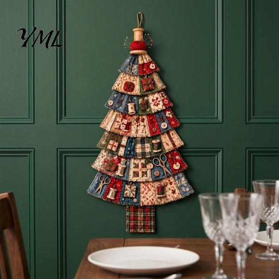 Traditional Craft Sewing Project Christmas Handmade Door Hanging Kit, Patchwork Tree Decoration DIY Textured Fabric Wall Set, Rustic Farmhouse Holiday