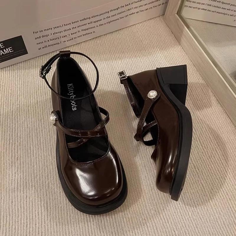 Женские туфли Мэри Джейн в стиле ретро коричневого цвета на высоком толстом каблуке с пряжкой на щиколотке в стиле Лолиты, модные кожаные туфли с круглым носком для женщин