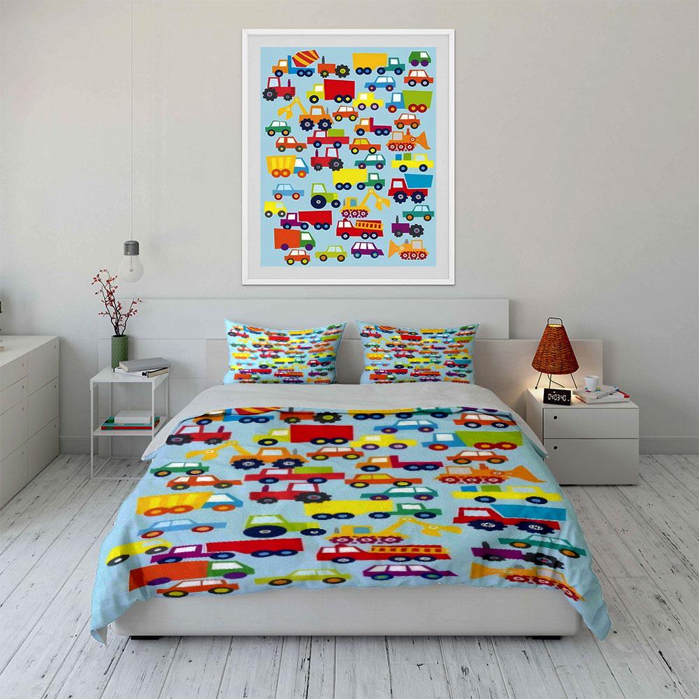 Colorful Vehicle Pattern Decor Set Bedding Set with 1 Duvet Cover 2 Pillowcases Single Double King Queen, Gift