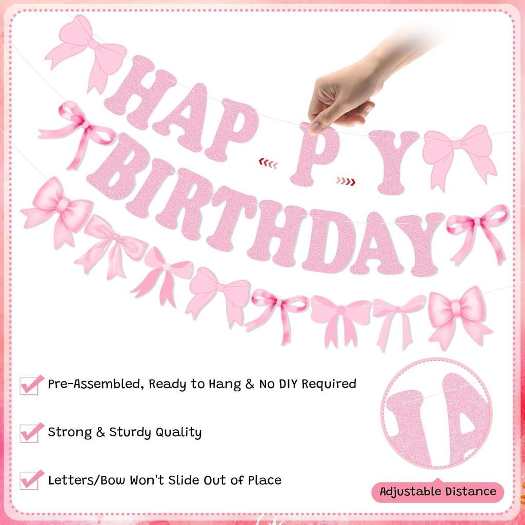 Bow Happy Birthday Banner, Pre-Strung Pink Bows Garland for Women Girls Bow Birthday Party Decorations, Bow Party Decor