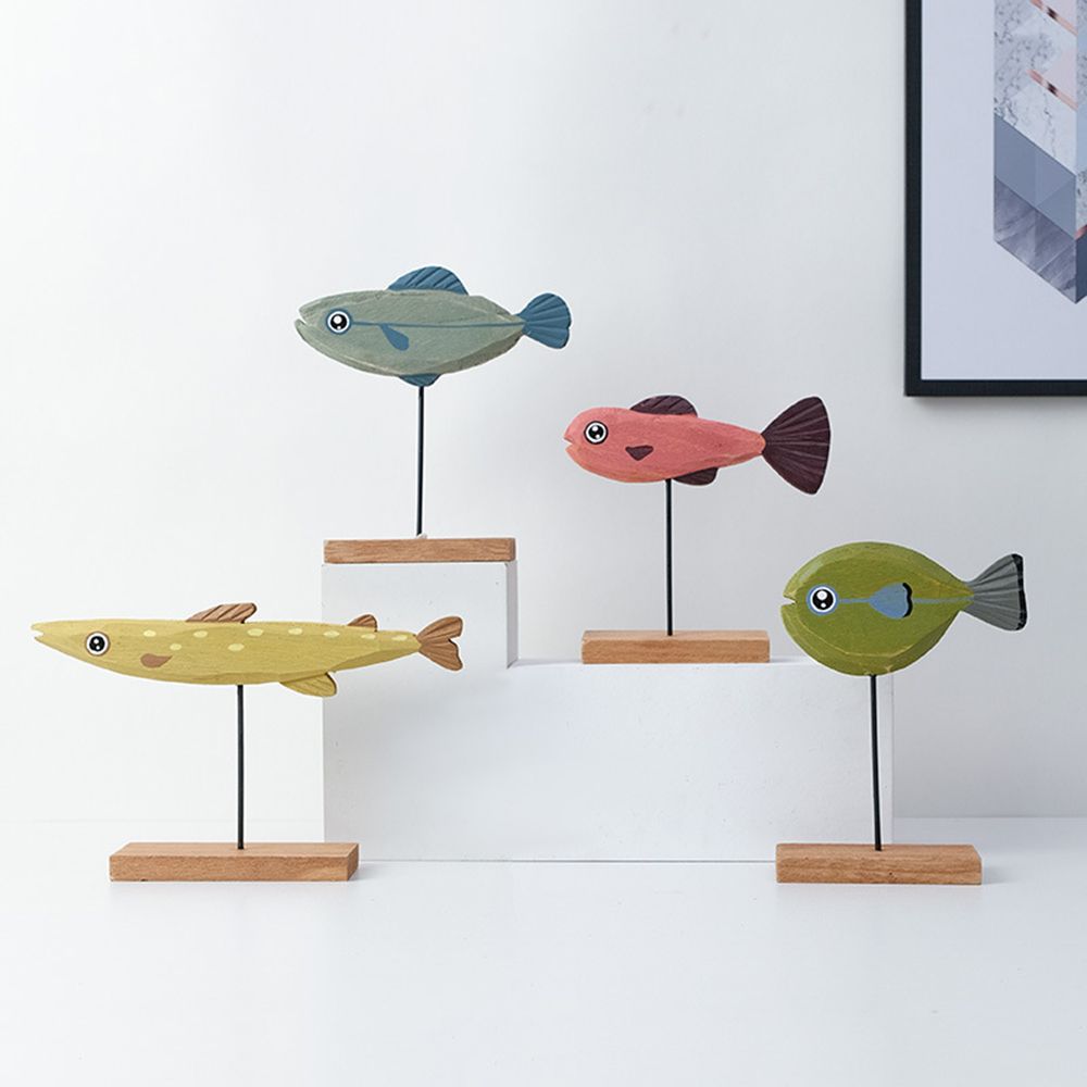 Colorfast Fish Pattern Handmade Crafts Ornament Wooden Fish Statue Table Decor Fishes Sculpture